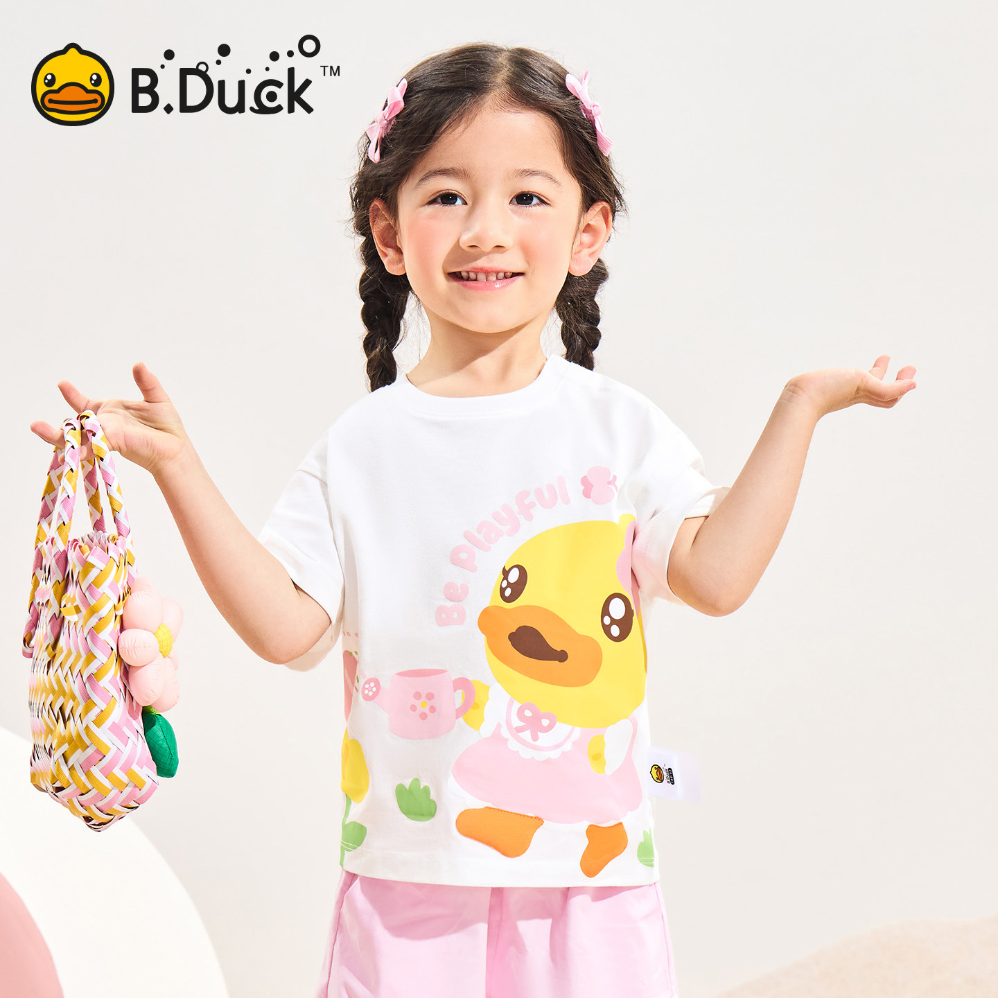 [驱蚊抗菌]bduck小黄鸭童装女童短袖T恤夏季纯棉宝宝上衣儿童薄款90-140 FF2701038