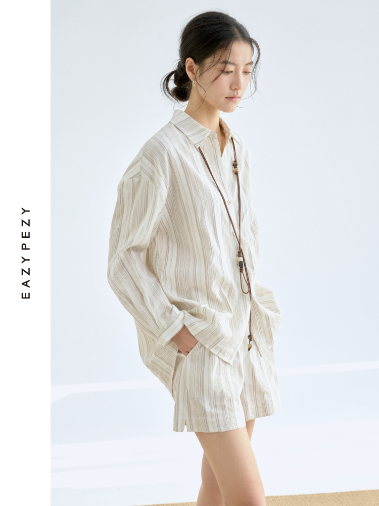 色织亚麻棉提花条纹衬衫套装