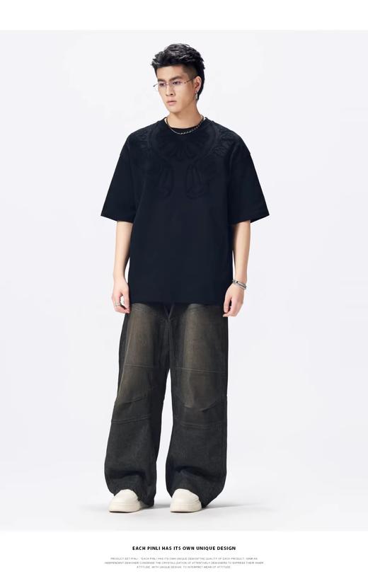 PINLI品立2026夏季新款男士宽松圆领激光烧花短袖T恤休闲上衣潮牌GD262111016 商品图1