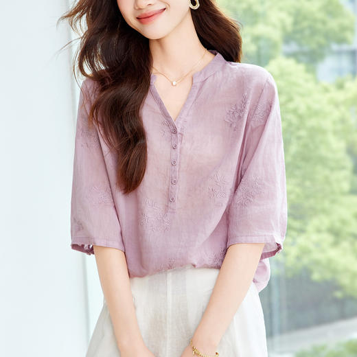 新中式苎麻绣花衬衫 春夏五分袖v领上衣国风新中式衬衣 商品图1