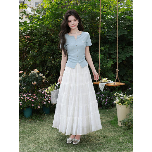 鹿向南「竹蓝清雅」法式蓝色短袖T恤女夏季新款修身显瘦正肩上衣 商品图1