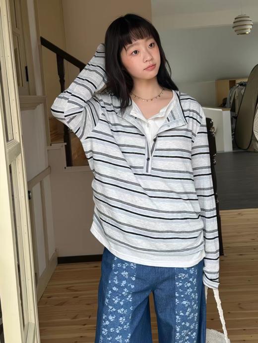 nothe Case布然/NC261828/「海滨漫步」宽松舒适双层假两件条纹亨利领针织长袖T 商品图0