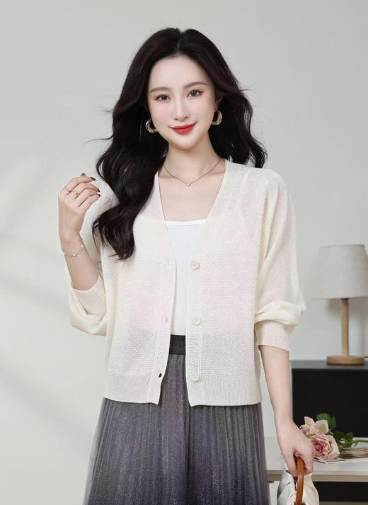 SC1E05_凝脂色/杨妃色/赤金色_针织衫_春夏_V领单排扣镂空肌理感七分袖_高级女装_BERNIEELEN 伯妮斯茵 商品图1