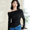 剩S/XXL 米思阳2026春季新款时尚气质黑色修身T恤露肩一字领褶皱上衣0201 商品缩略图0