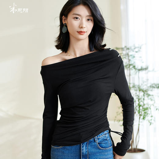 剩S/XXL 米思阳2026春季新款时尚气质黑色修身T恤露肩一字领褶皱上衣0201 商品图0