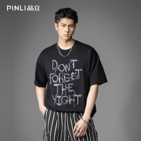 PINLI品立2026春季新款男士潮牌圆领落肩袖字母绣花短袖T恤上衣潮B262111010