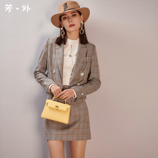 剩S/M/L 芳外春季新款小个子时尚套装气质格子短裙短西服两件套女0332 商品图0