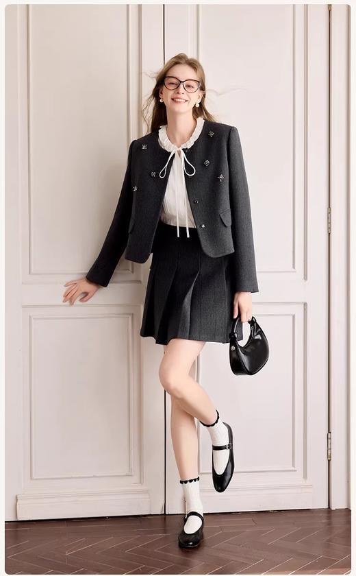 香y同款小香风miu系灰色毛呢外套/短裙/衬衫三件套 商品图1