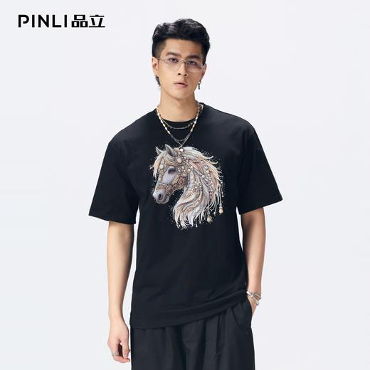 PINLI品立2026夏季新款男士马年烫画烫钻圆领落肩短袖T恤上衣潮牌BG262111016 商品图0