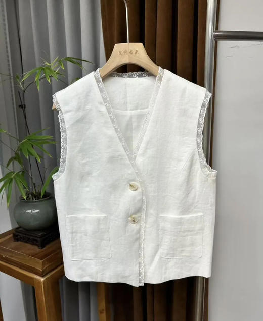 原单新款100%亚麻老钱风蕾丝捆边碰撞背心马甲外套 商品图3
