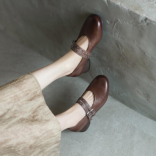 【阿么古纹马皮鞋】复古有质感皮带扣正品单鞋软底粗跟玛丽珍2.5CM 商品图1