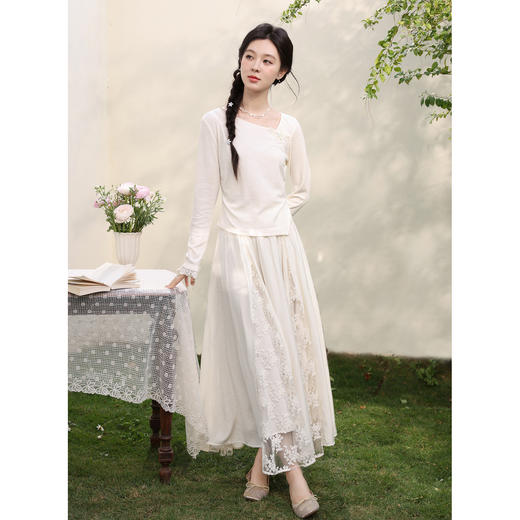 鹿向南「柔风漫摆」法式温柔白杏色A字半身裙女春季蕾丝长款纱裙 商品图1