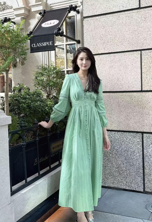 310-12 活色生香 渠道货 D*F 26新色茶歇裙 重工法式 前襟纽扣 对比棉连衣裙 藏肉显瘦 商品图9