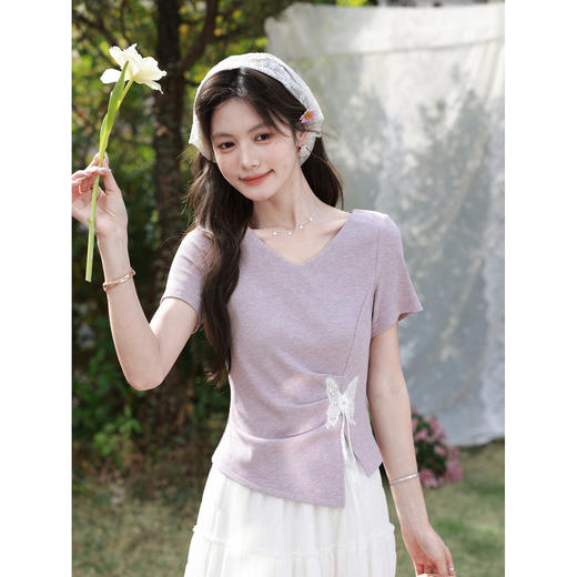 鹿向南「蝶影翩翩」紫色短袖T恤女夏2026法式设计感收腰显瘦上衣 商品图3