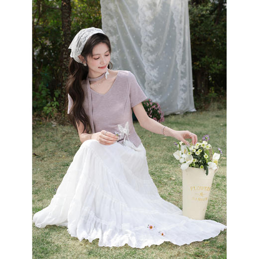 鹿向南「蝶影翩翩」紫色短袖T恤女夏2026法式设计感收腰显瘦上衣 商品图4