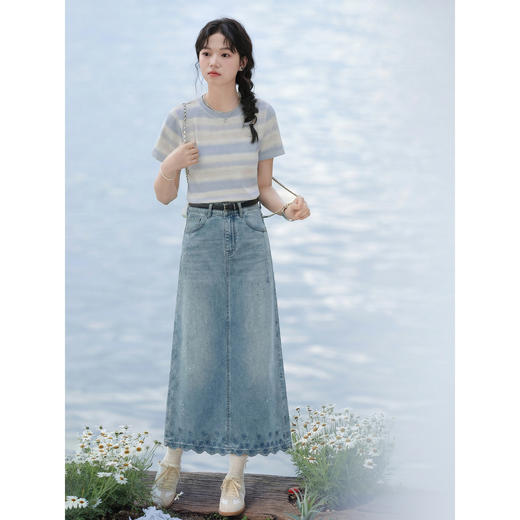 鹿向南「兰玲花语」复古牛仔蓝A字半身裙女夏宽松遮肉显瘦中长裙 商品图1
