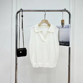 F031002早春新款松弛老钱风polo领无袖羊毛背心针织上衣