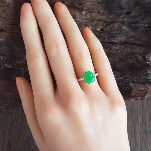 【天然正品】A货翡翠AU750白金镶钻镶天然细腻糯冰种满绿葫芦（福禄平安）翡翠戒指15号（戒圈可改）280226NJT23 商品图7