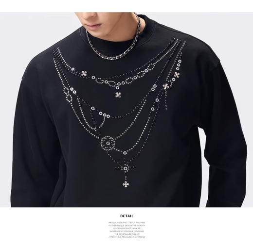 PINLI品立2026春季新款男士圆领宽松落肩袖烫钻套头休闲上衣上衣潮牌BG262109006 商品图7