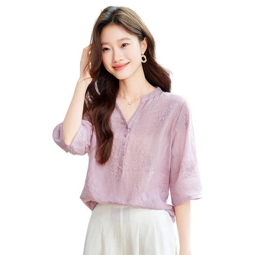新中式苎麻绣花衬衫 春夏五分袖v领上衣国风新中式衬衣 商品图4