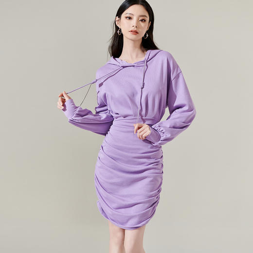 剩S/M/L/XL 芳外新款气质收腰显瘦包臀裙抽绳连帽褶皱针织连衣裙8I24AL0111 商品图1