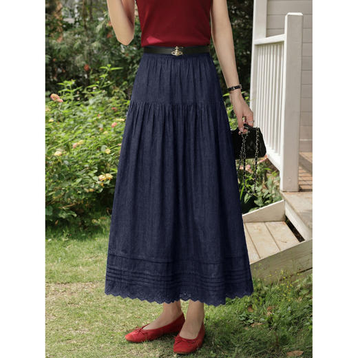 鹿向南「漾蓝胶片」复古气质牛仔蓝半身裙女夏季新款A字中长裙子 商品图4