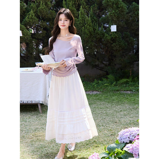 鹿向南「紫绡花语」紫色长袖斜领T恤女春季高级好看打底内搭上衣 商品图2