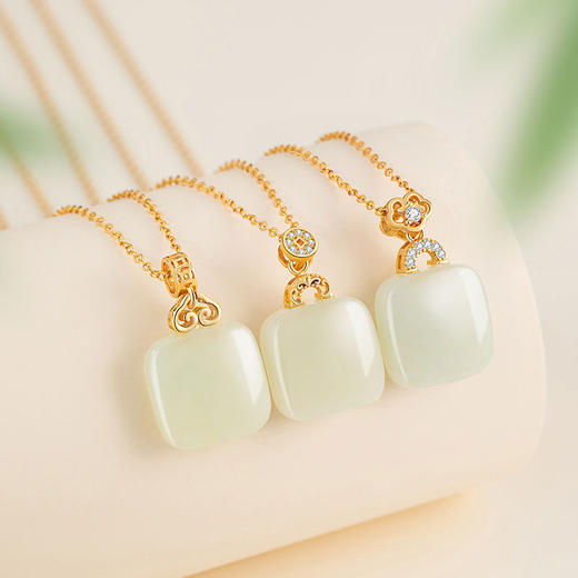 祥云如意小方糖纯银925项链新中式国潮和田玉锁骨链无事牌吊坠D1814 商品图3