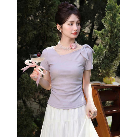 鹿向南「香香芋紫」斜肩紫色T恤女夏季新款法式修身显瘦短袖上衣 商品图0