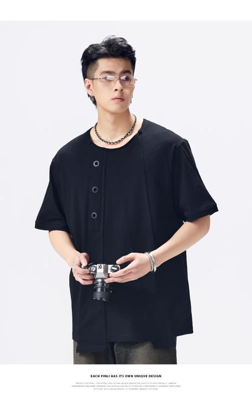 PINLI品立2026夏季新款男士宽松圆领短袖T恤纯色休闲打底上衣潮牌GD262111015 商品图1