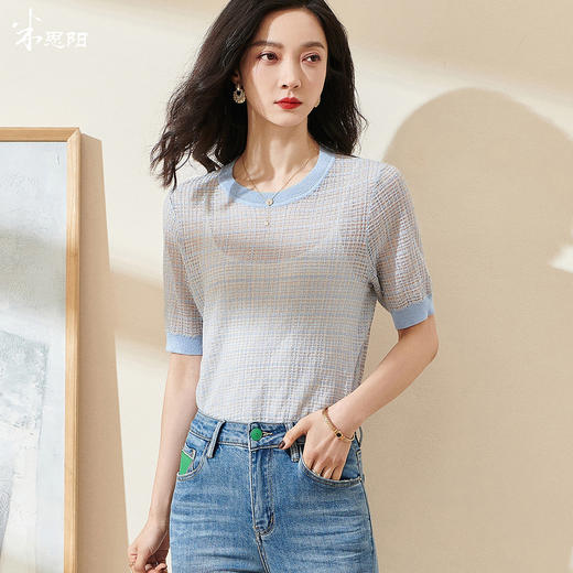 剩S/M/L/XL 米思阳2026春季新款简约淡雅色短袖上衣休闲宽松透视针织衫女0616 商品图0