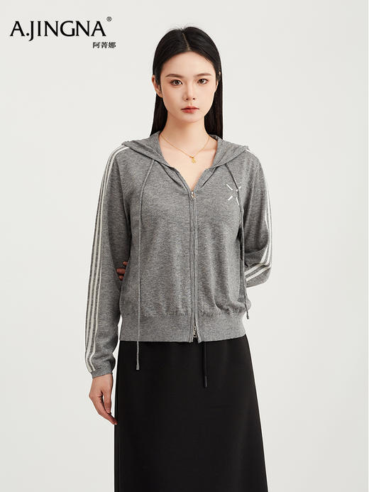 【韩系休闲】阿菁娜春季新款连帽拉链开衫双杠条纹撞色织带抽绳设计韩系休闲运动感拉满F31C318010 商品图2