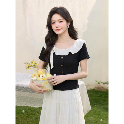 鹿向南「黑巧甜心」黑色短袖T恤女春新款时尚拼接设计感修身上衣 商品图1