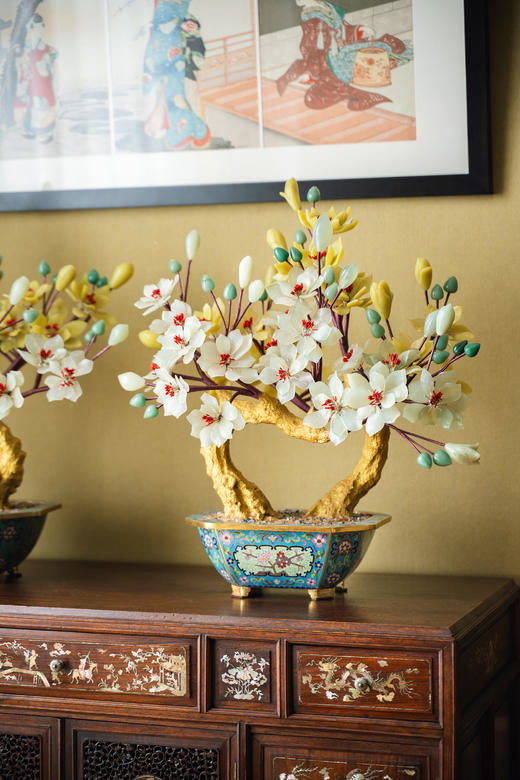 独角鹿西洋古董中国出品宝相花纹景泰蓝盆装饰「金枝玉堂」珍宝像生盆景一对 商品图3