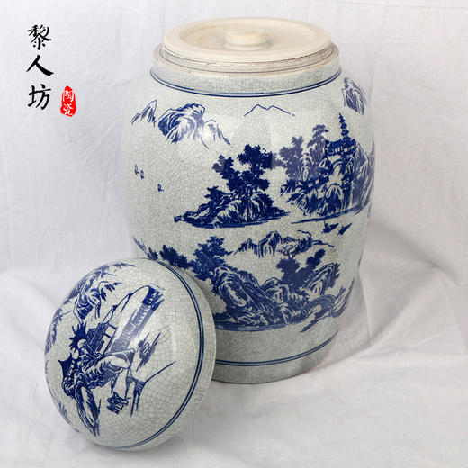 陶瓷骨灰坛双盖景德镇裂纹青花山水陶瓷骨灰盒 商品图1