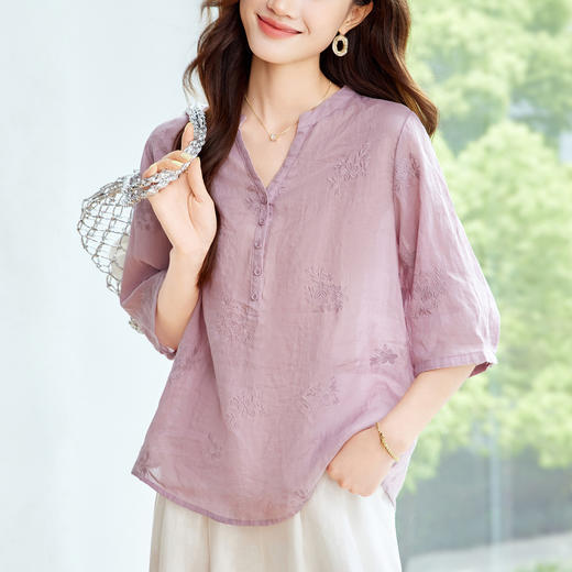 新中式苎麻绣花衬衫 春夏五分袖v领上衣国风新中式衬衣 商品图3