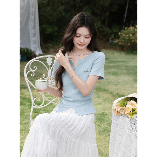 鹿向南「竹蓝清雅」法式蓝色短袖T恤女夏季新款修身显瘦正肩上衣 商品图4