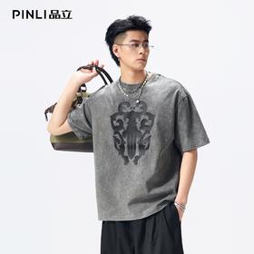 PINLI品立2026夏季新款男装重工水洗纯棉炒雪花圆领短袖T恤上衣潮BG262111017