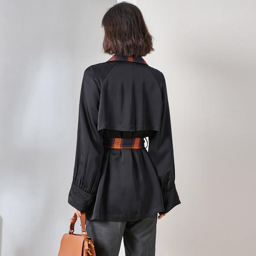 剩M/L/XL/XXL 拼接撞色格子收腰系带风衣【69.9%聚酯纤维/橙色】 商品图3