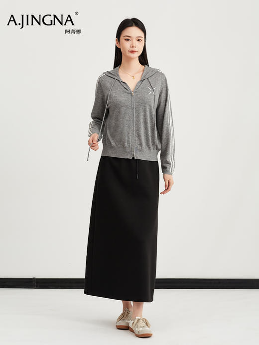 【韩系休闲】阿菁娜春季新款连帽拉链开衫双杠条纹撞色织带抽绳设计韩系休闲运动感拉满F31C318010 商品图0