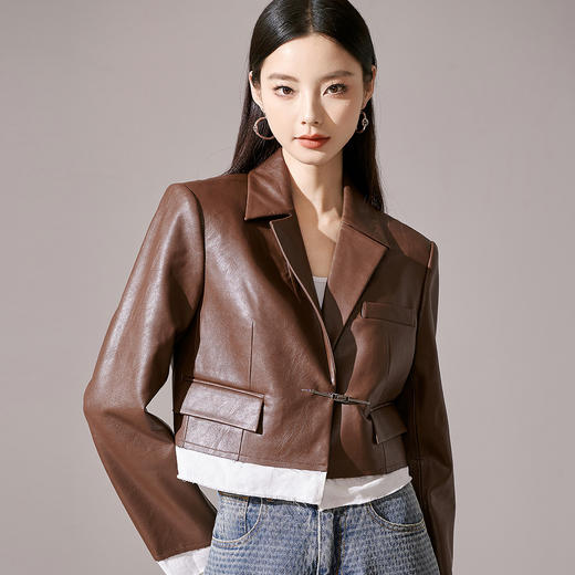 芳外新款复古气质小皮衣西装领长袖短外套女8I23CW1225 商品图1