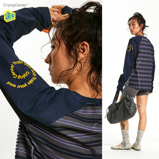 CryingCenter 条纹拼接撞色宽松透气速干跑步训练运动长袖上衣T恤 商品图0