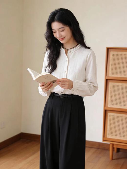 F031001早春新款法式气质百搭亚麻木耳边立领长袖衬衫 商品图9