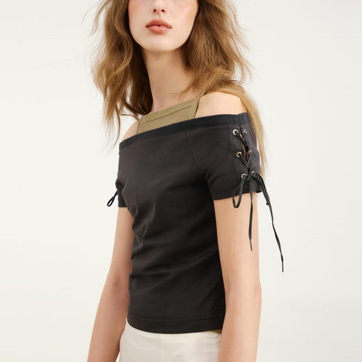 lost in echo2026春夏新款时髦一字肩绑带修身显瘦T恤短袖上衣 商品图4