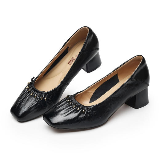 真皮方头浅口单鞋女中跟一脚蹬时尚百搭铆钉装饰黑色皮鞋X6C160-56 商品图3