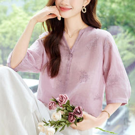 新中式苎麻绣花衬衫 春夏五分袖v领上衣国风新中式衬衣