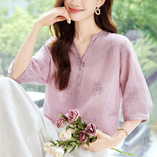 新中式苎麻绣花衬衫 春夏五分袖v领上衣国风新中式衬衣 商品图0