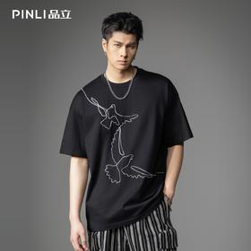 PINLI品立2026春季新款男士圆领落肩袖动物绣花宽松短袖T恤上衣潮B262111014