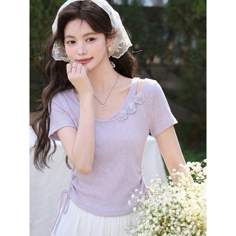 鹿向南「花间柔语」紫色短袖T恤女2026夏新款法式气质设计感上衣