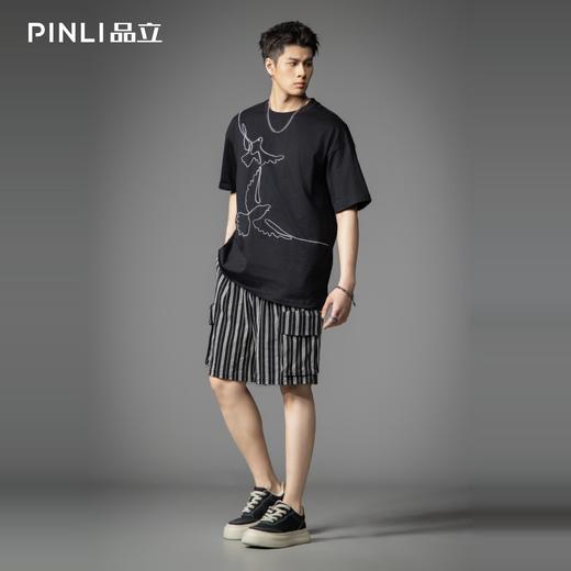 PINLI品立2026春季新款男士圆领落肩袖动物绣花宽松短袖T恤上衣潮B262111014 商品图1